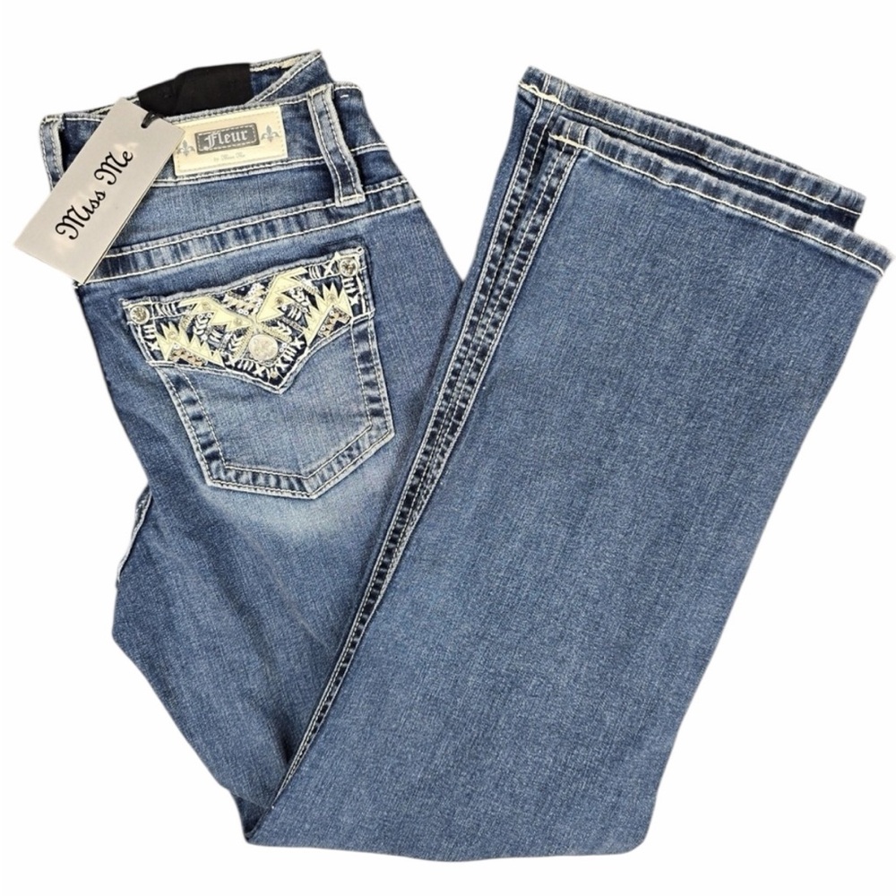 New Fleur by Miss Me Jeans Womens 29 / 8 Blue Medium Wash Slim Wide Embellished